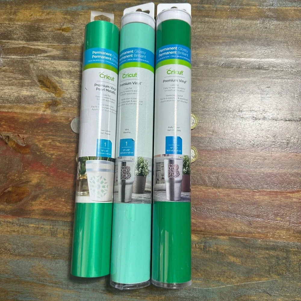 Cricut Premium Permanent Vinyl 12x48 Bundle Mint Kelly Dew Green Pearl Metallic